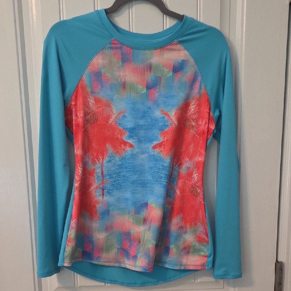 Reel Legends Palm Tree Teal and Orange Long Sleeve Womens Size Medium